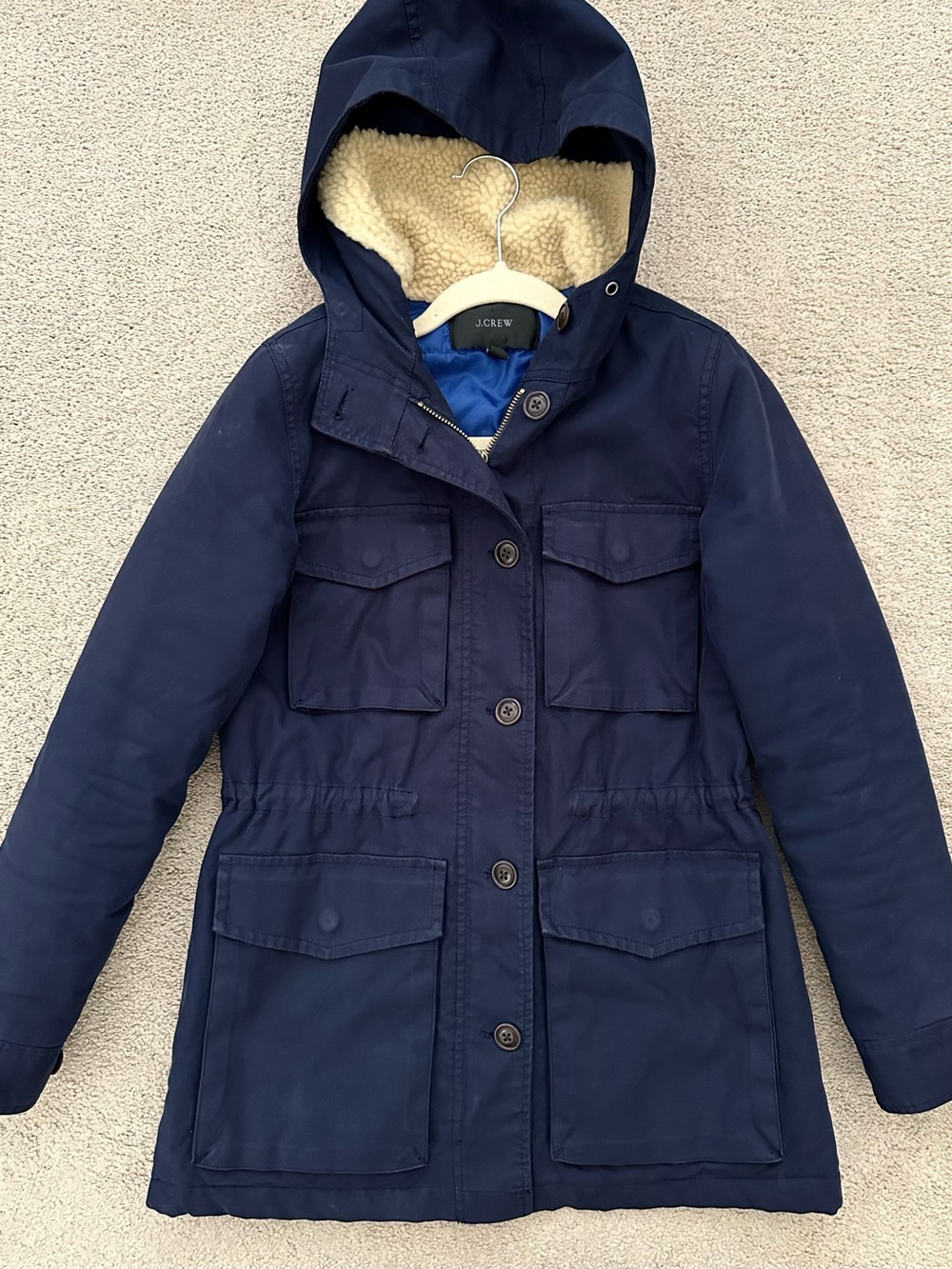 J. Crew Navy Hooded Sherpa Quilted Parka Utility Jacket - Fall / Winter Coat